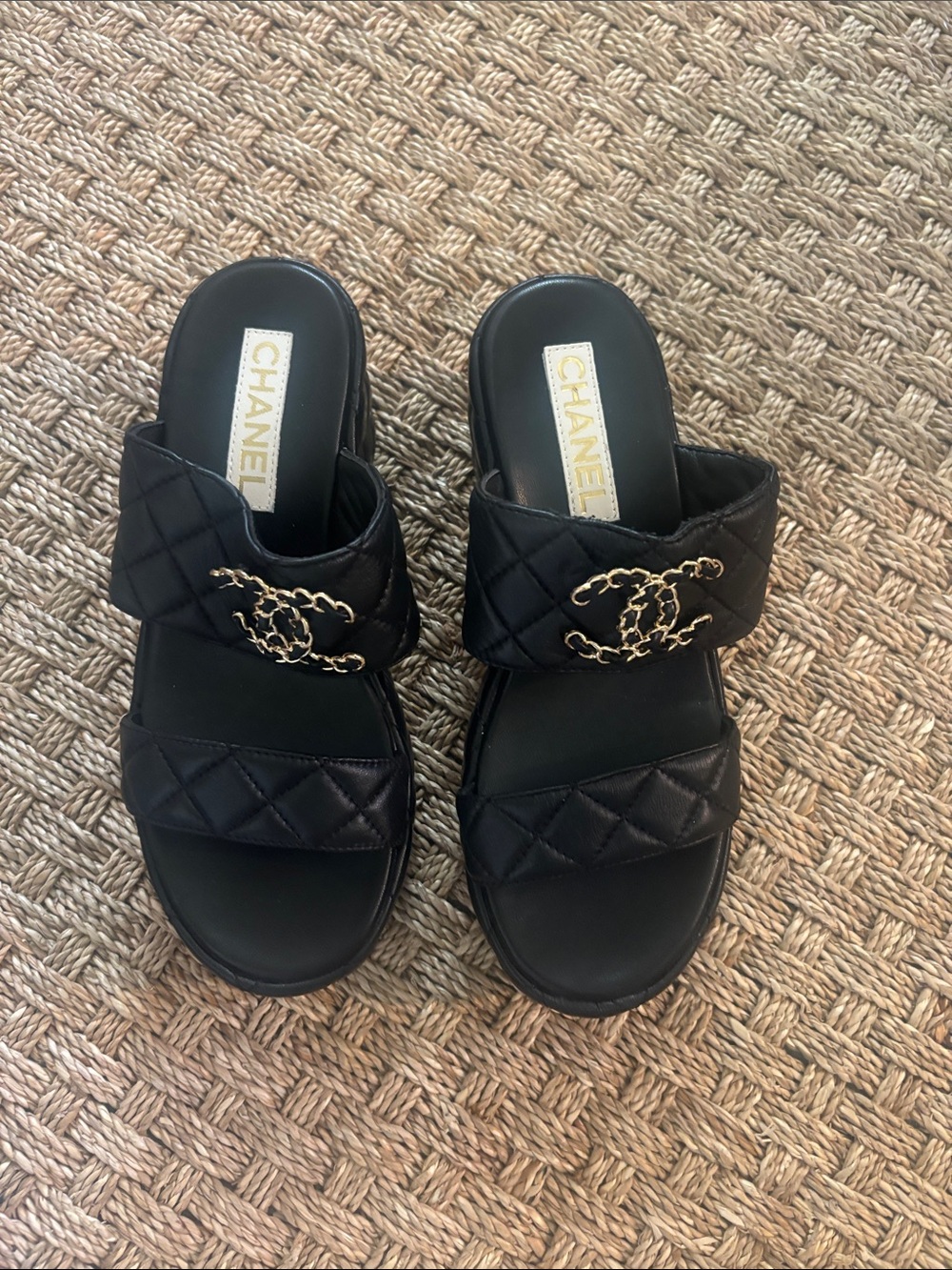 CHANEL Black Quilted Double-Strap Slide Mules with Gold CC Chain